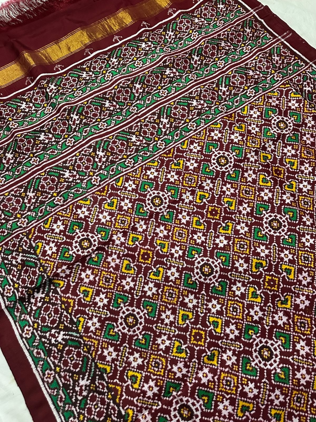 Royal Maroon Traditional DOUBAL IKAT Patola Silk Saree with Green & Yellow Geometric Motifs