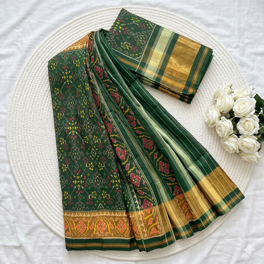Majestic Forest Green SINGAL IKAT Patola Saree with Gold Zari