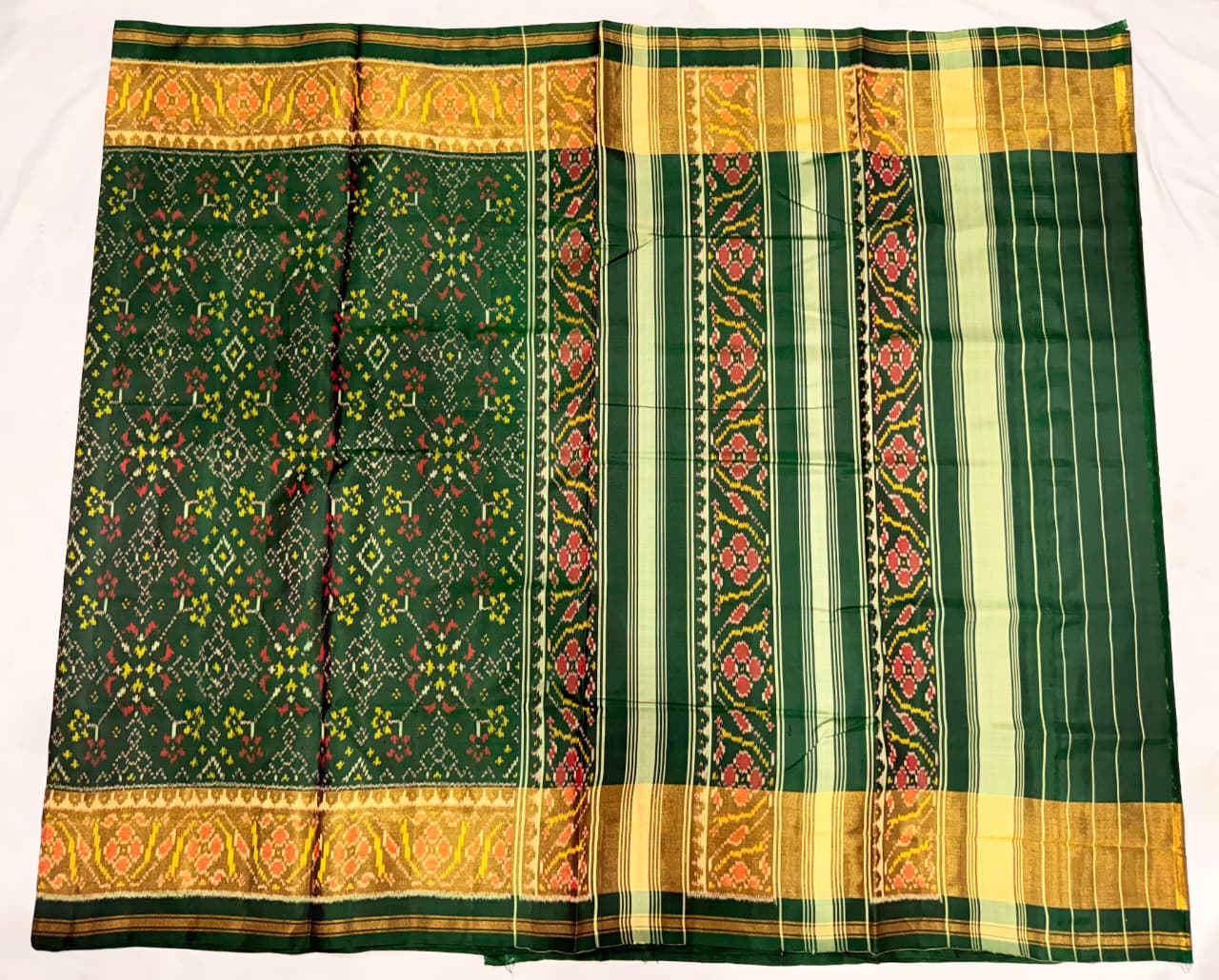 Majestic Forest Green SINGAL IKAT Patola Saree with Gold Zari