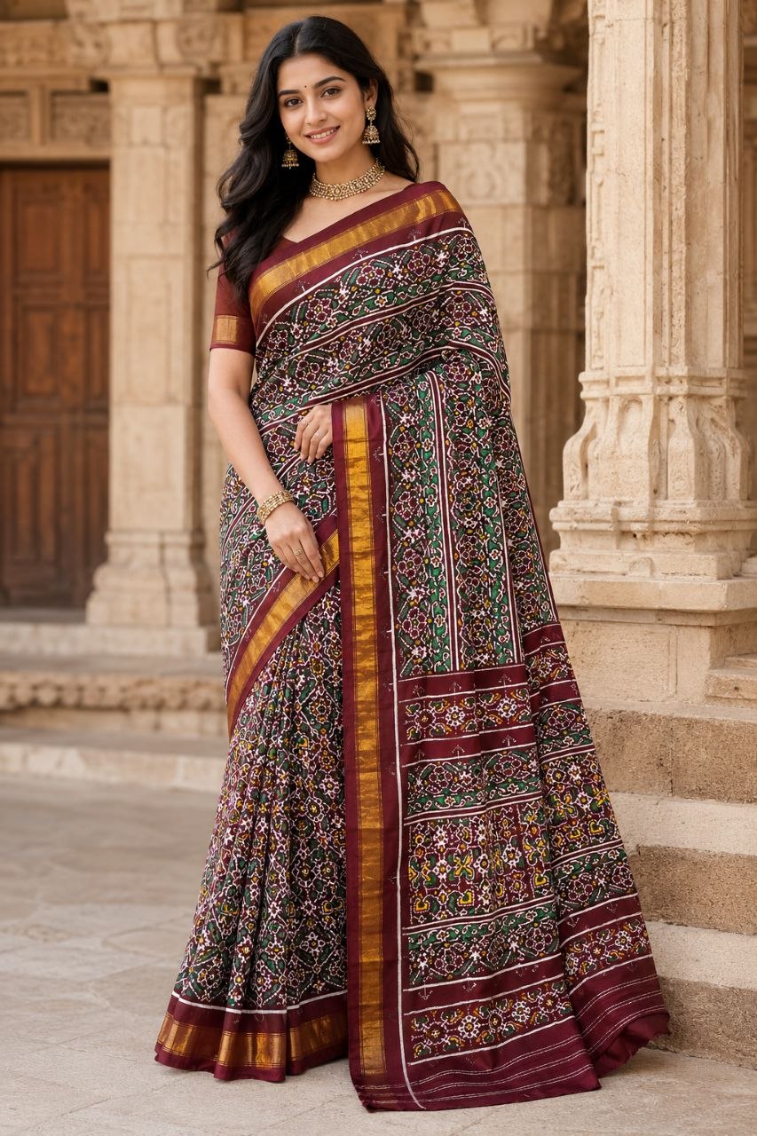 Royal Maroon Traditional DOUBAL IKAT Patola Silk Saree with Green & Yellow Geometric Motifs