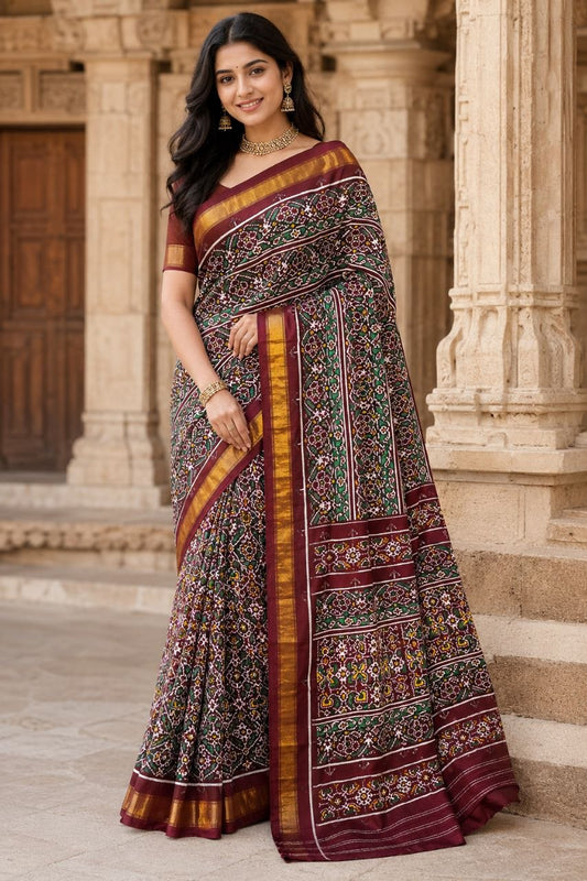 Royal Maroon Traditional DOUBAL IKAT Patola Silk Saree with Green & Yellow Geometric Motifs