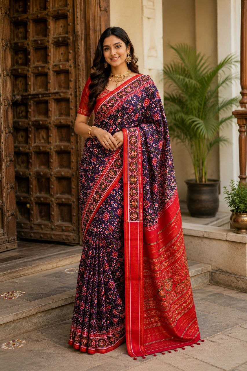 Royal Blue & Vermilion Red Traditional DOUBAL IKAT Patola Silk Saree