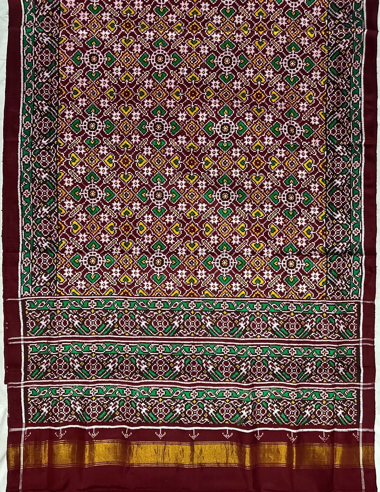 Royal Maroon Traditional DOUBAL IKAT Patola Silk Saree with Green & Yellow Geometric Motifs