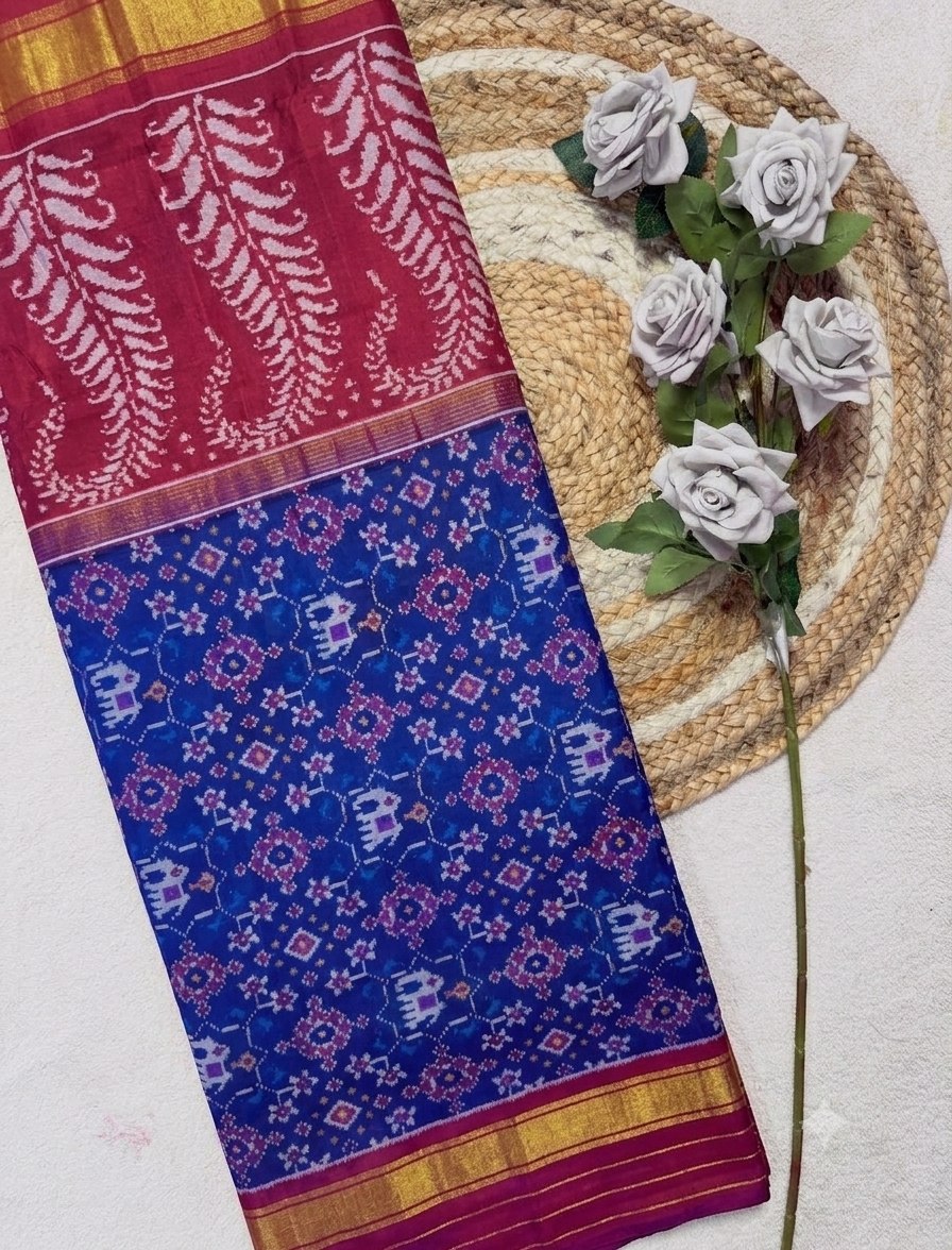 Royal Maroon & Sapphire SINGAL IKAT Patola Silk Saree