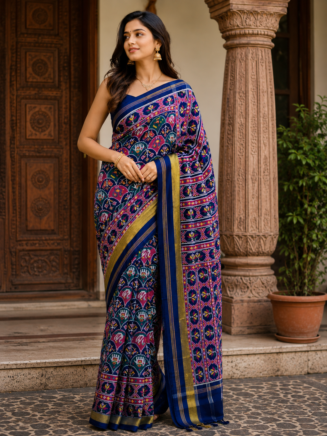 Royal Blue Floral DOUBAL IKAT Patola Silk Saree with Traditional Heritage Border