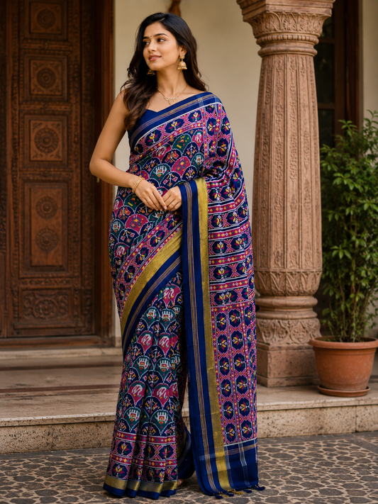 Royal Blue Floral DOUBAL IKAT Patola Silk Saree with Traditional Heritage Border