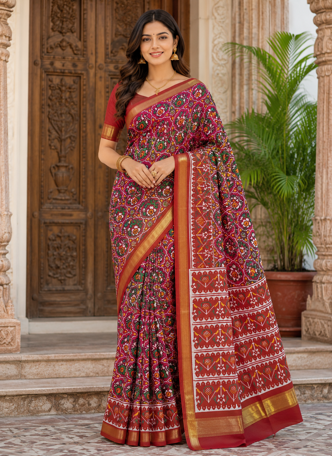 Ruby Red Floral DOUBAL IKAT Patola Silk Saree with Traditional Heart Border