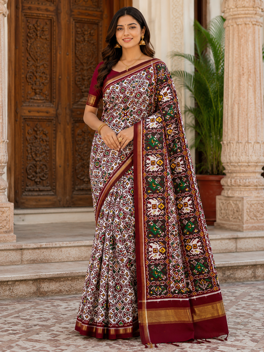 Royal Ivory DOUBAL IKAT Patola Silk Saree with Traditional Elephant Border
