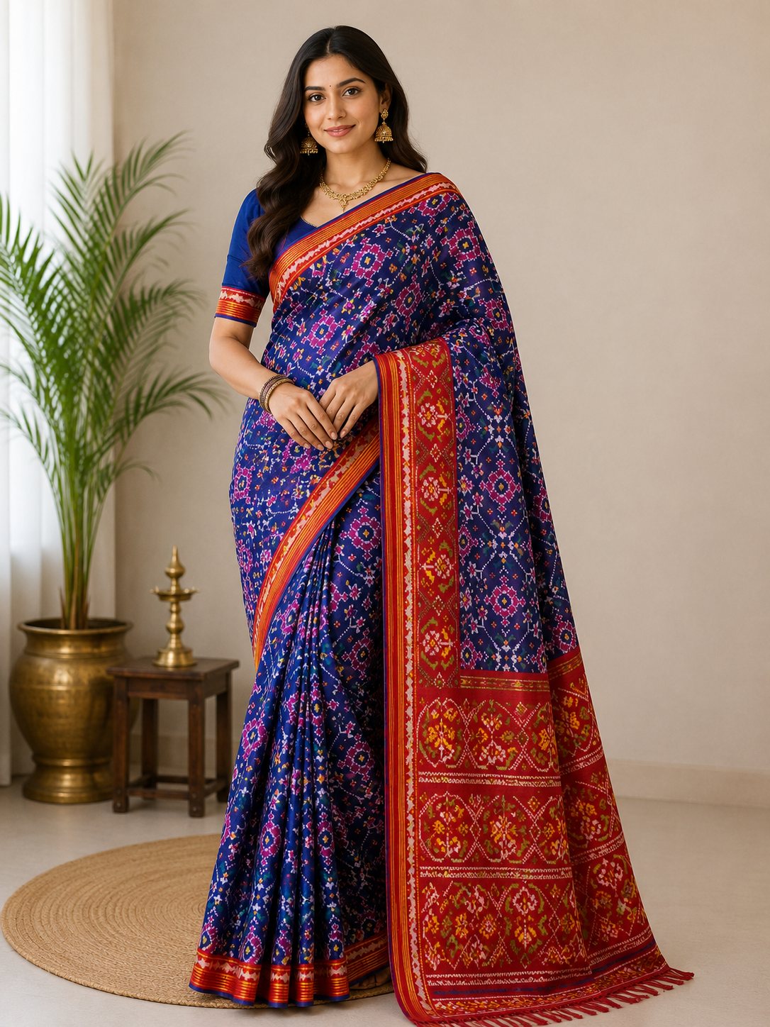 Royal Blue & Red Border SEMI IKAT Patola Silk Saree