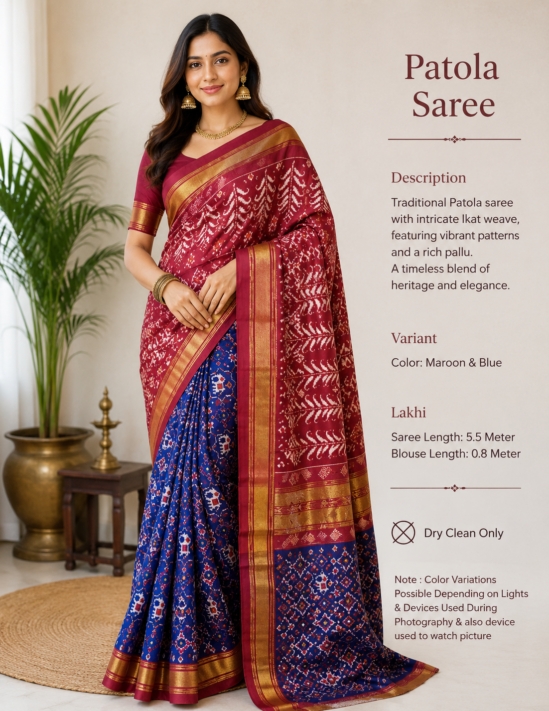 Royal Maroon & Sapphire SINGAL IKAT Patola Silk Saree