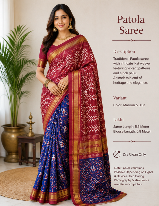 Royal Maroon & Sapphire SINGAL IKAT Patola Silk Saree
