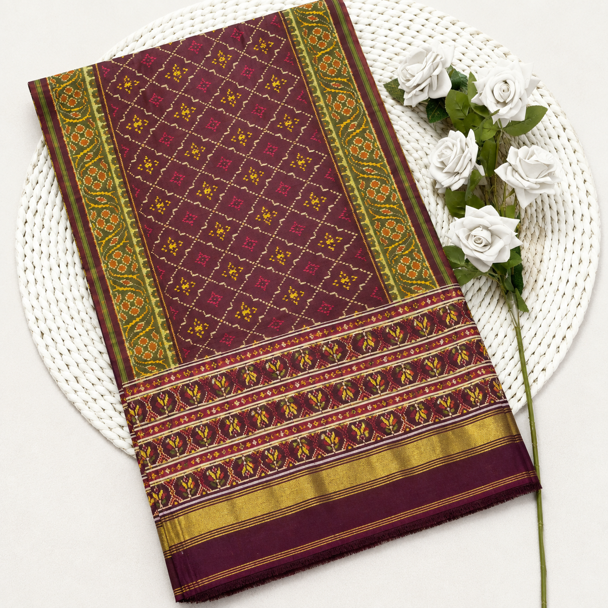 Heritage Maroon Green SINGAL IKAT Patola Saree
