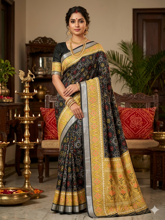 Royal Midnight Black SINGAL IKAT Patola Silk Saree