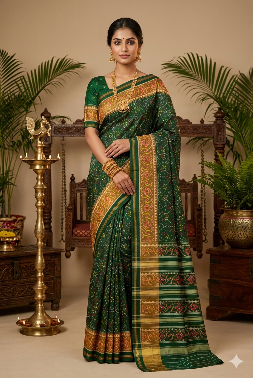 Majestic Forest Green SINGAL IKAT Patola Saree with Gold Zari
