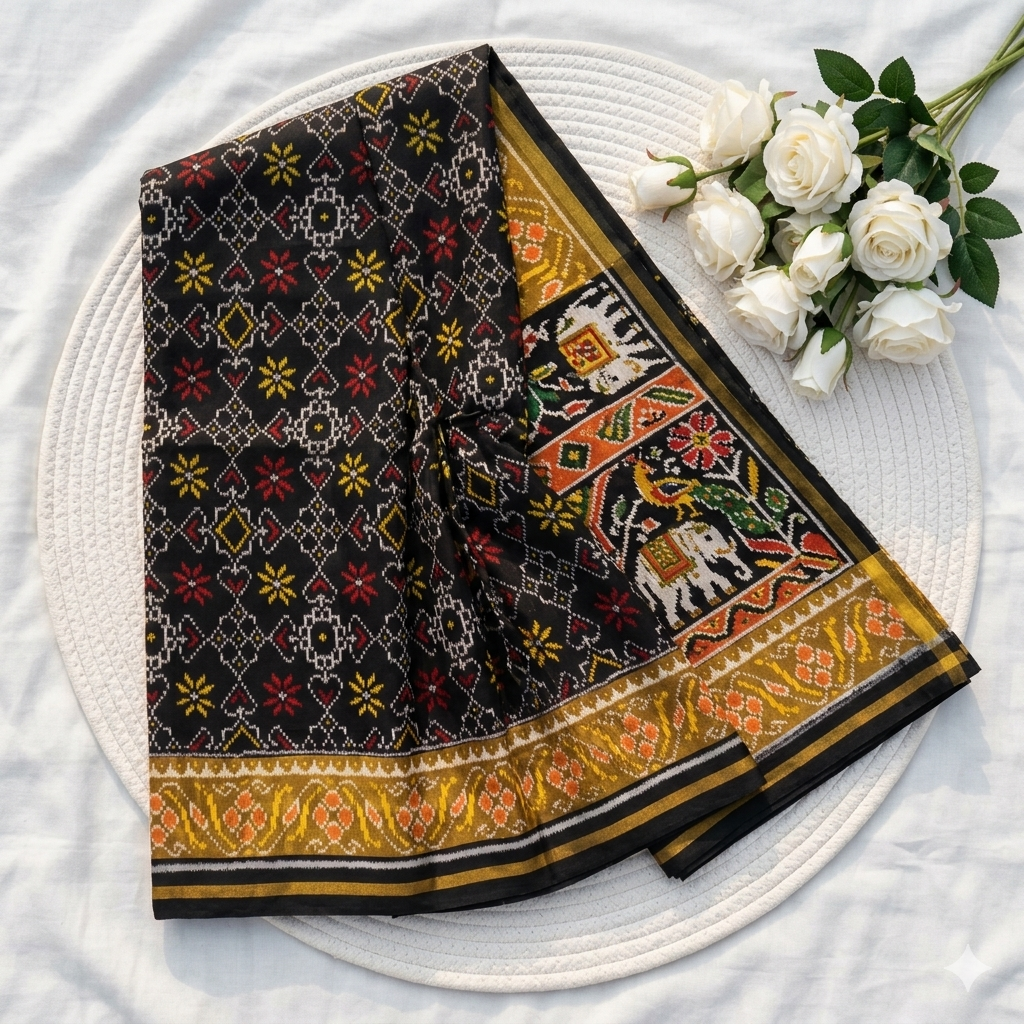 Royal Midnight Black SINGAL IKAT Patola Silk Saree