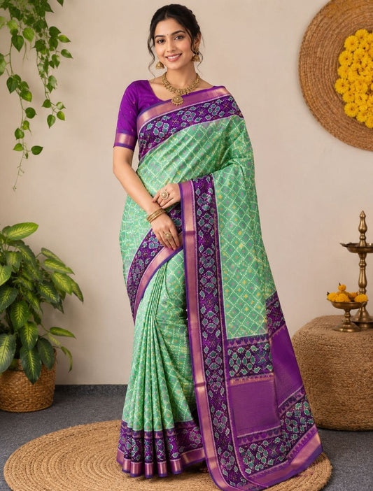 Mint Green & Royal Purple Traditional Silk Saree with Woven Border