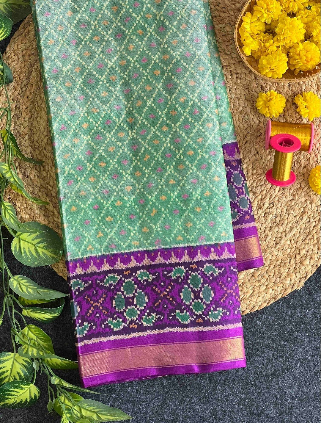 Mint Green & Royal Purple Traditional Silk Saree with Woven Border
