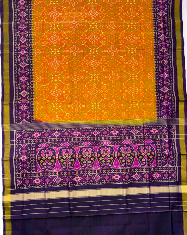 Vibrant Orange & Purple Singal ikat Patola-Inspired Silk Saree with Designer Pallu