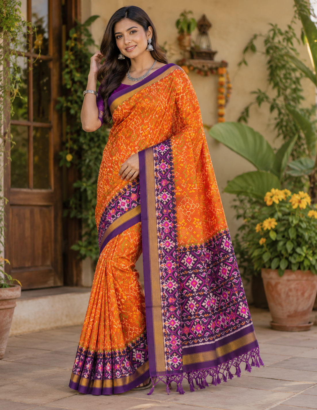 Vibrant Orange & Purple Singal ikat Patola-Inspired Silk Saree with Designer Pallu