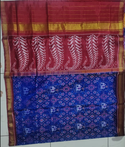 Royal Maroon & Sapphire SINGAL IKAT Patola Silk Saree