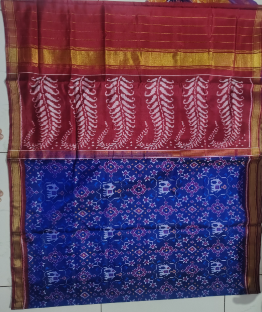 Royal Maroon & Sapphire SINGAL IKAT Patola Silk Saree