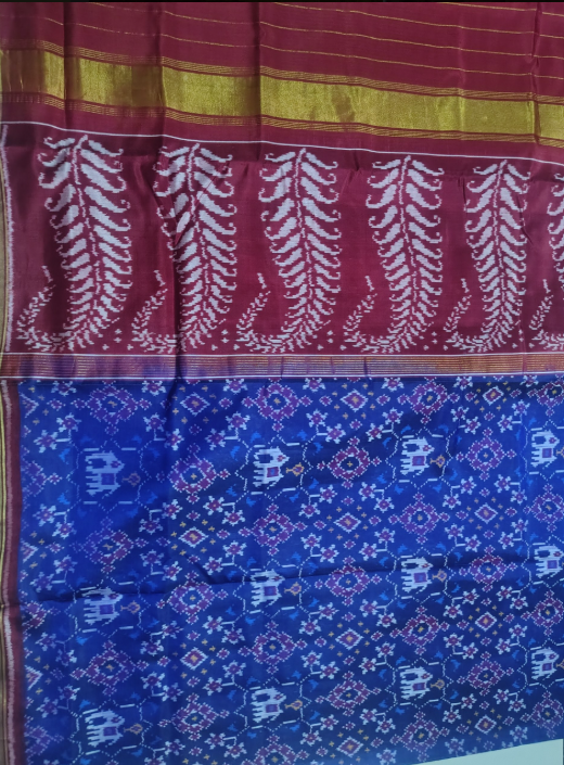 Royal Maroon & Sapphire SINGAL IKAT Patola Silk Saree