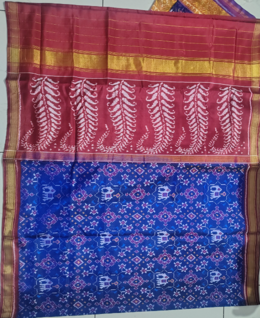 Royal Maroon & Sapphire SINGAL IKAT Patola Silk Saree