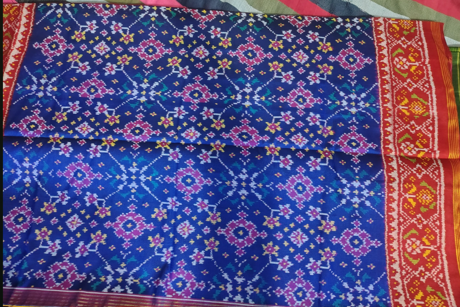 Royal Blue & Red Border SEMI IKAT Patola Silk Saree