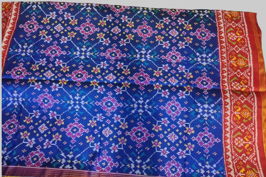 Royal Blue & Red Border SEMI IKAT Patola Silk Saree