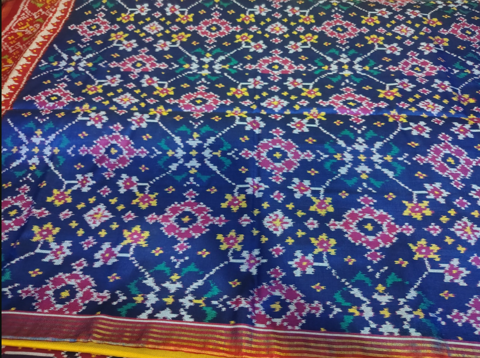 Royal Blue & Red Border SEMI IKAT Patola Silk Saree