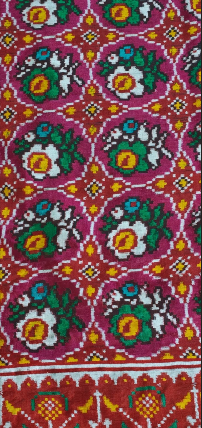 Ruby Red Floral DOUBAL IKAT Patola Silk Saree with Traditional Heart Border