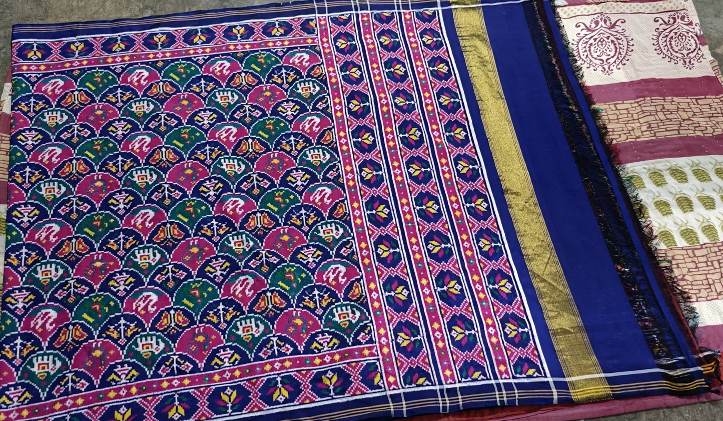 Royal Blue Floral DOUBAL IKAT Patola Silk Saree with Traditional Heritage Border