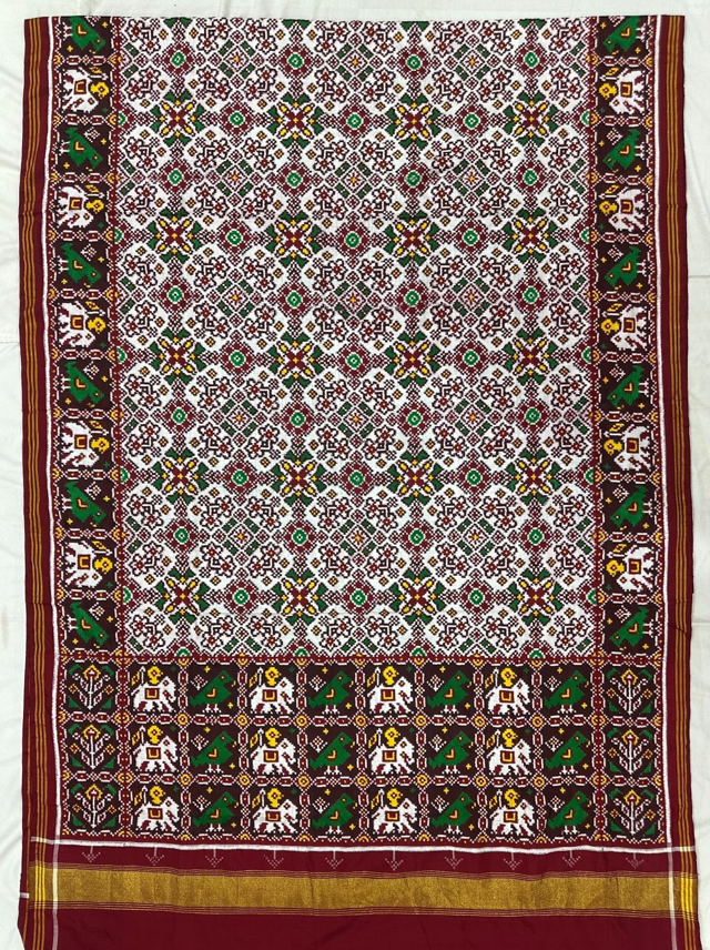 Royal Ivory DOUBAL IKAT Patola Silk Saree with Traditional Elephant Border