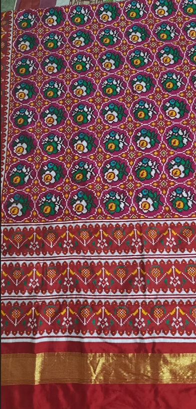 Ruby Red Floral DOUBAL IKAT Patola Silk Saree with Traditional Heart Border