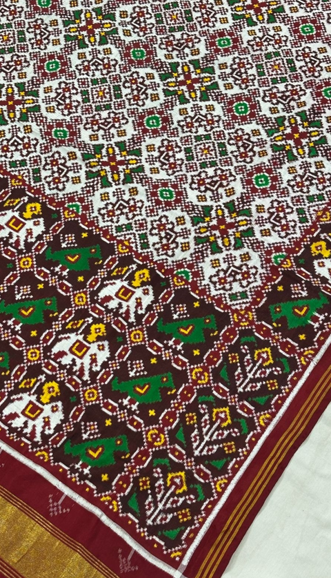 Royal Ivory DOUBAL IKAT Patola Silk Saree with Traditional Elephant Border
