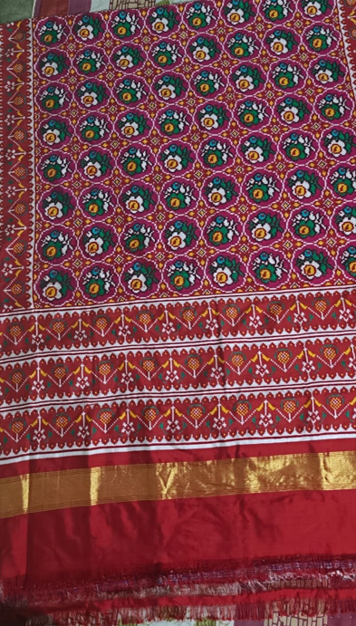Ruby Red Floral DOUBAL IKAT Patola Silk Saree with Traditional Heart Border